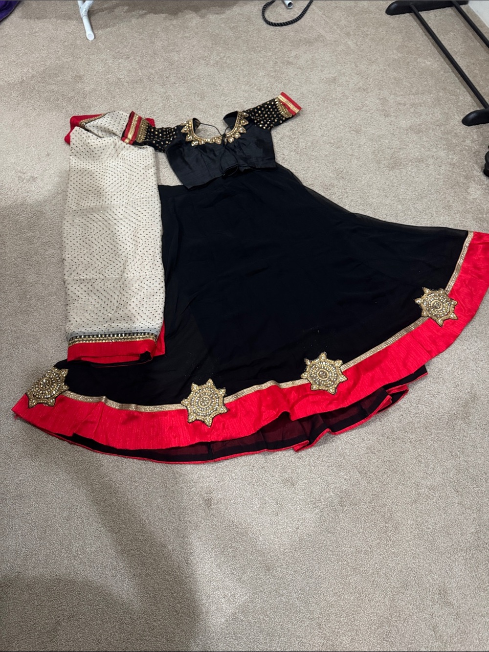 Girls Black & Red Embellished Anarkali Dress with Dupatta